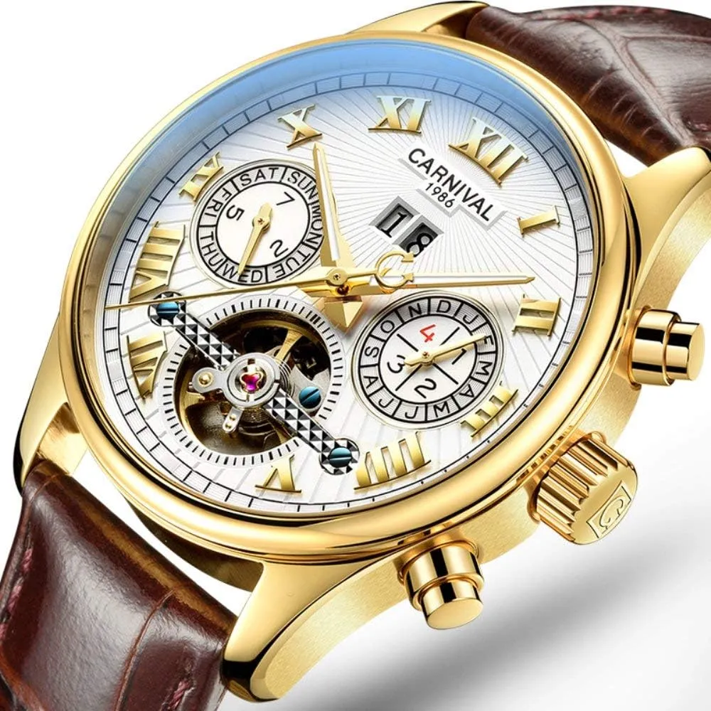 Leather Bands MASTOP Luxury Mens Watch Skeleton Dial Gold-Plated Stainless incessant respective ruthlessly Steel Automatic Watches 