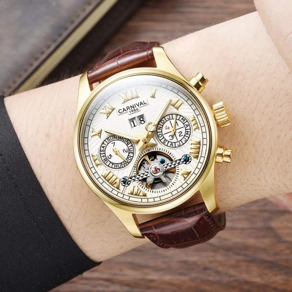 Leather Bands MASTOP Luxury Mens Watch Skeleton Dial Gold-Plated Stainless incessant respective ruthlessly Steel Automatic Watches 