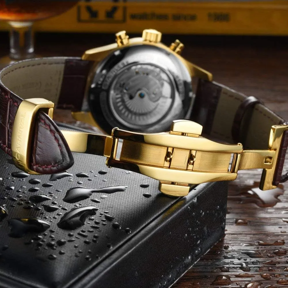 Leather Bands MASTOP Luxury Mens Watch Skeleton Dial Gold-Plated Stainless incessant respective ruthlessly Steel Automatic Watches 