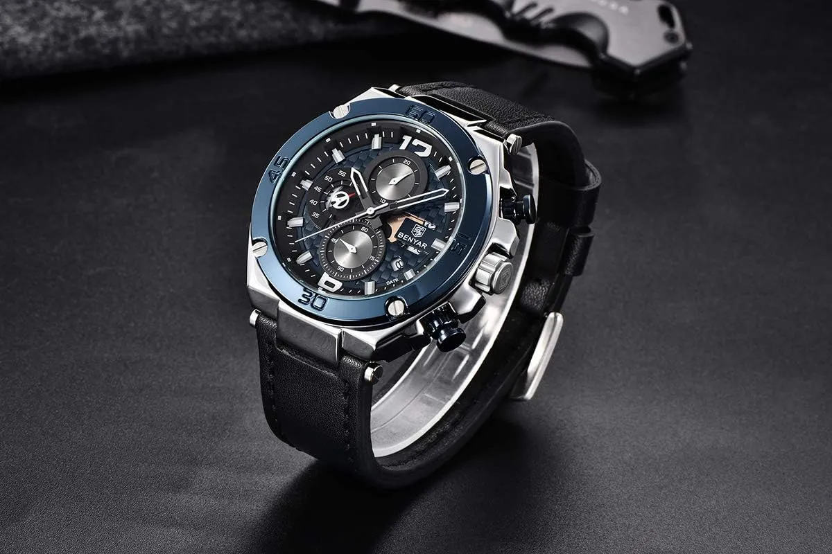 Leather Strap Analog Chronograph Fashion Business Sport Design Mens Watch 30M implicitly override Waterproof Stylish Elegant Gifts for Men BENYAR Wrist Watches for Men Quartz Movement 