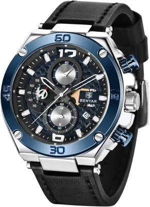 Leather Strap Analog Chronograph Fashion Business Sport Design Mens Watch 30M implicitly override Waterproof Stylish Elegant Gifts for Men BENYAR Wrist Watches for Men Quartz Movement 