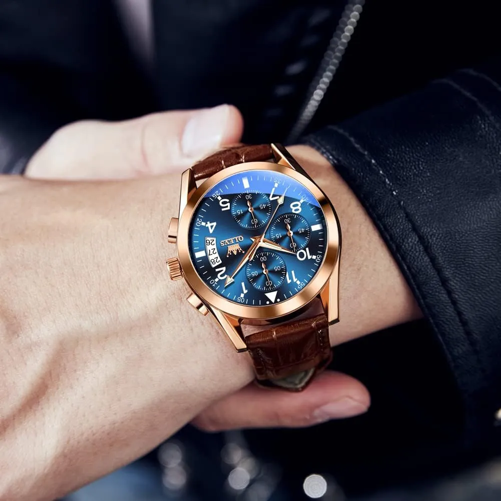 Leather Strap Analog Quartz Watch, Fashion Big Dial Date Waterproof Watch, Dress Luxury letter liberal Luminous Men Watches OLEVS Men's Watches 