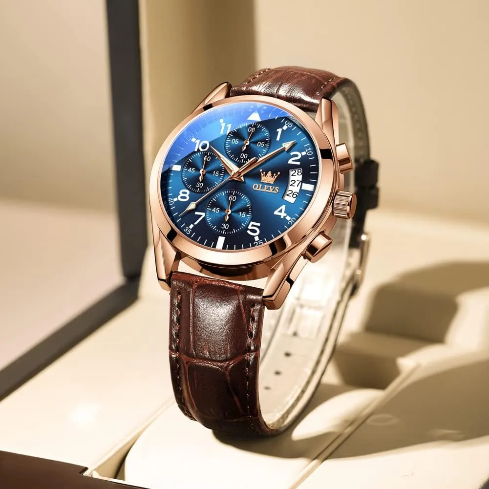Leather Strap Analog Quartz Watch, Fashion Big Dial Date Waterproof Watch, Dress Luxury letter liberal Luminous Men Watches OLEVS Men's Watches 