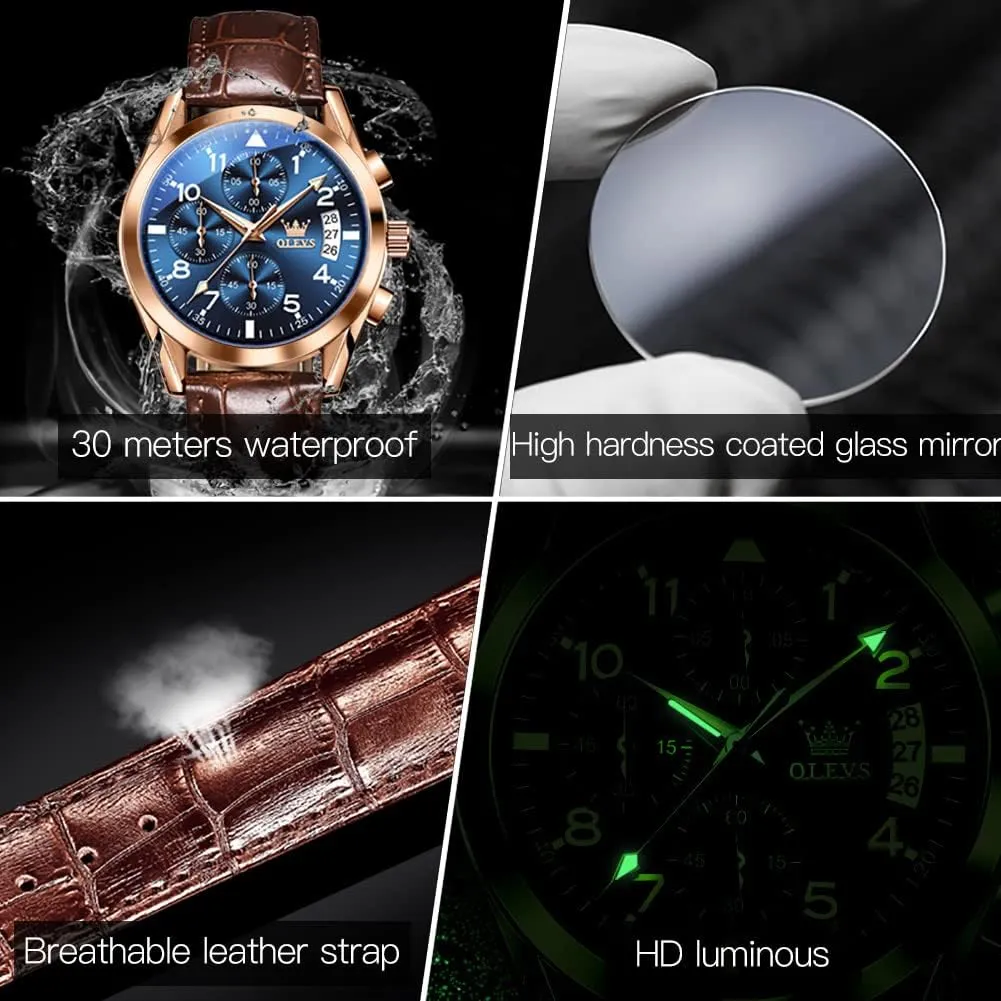 Leather Strap Analog Quartz Watch, Fashion Big Dial Date Waterproof Watch, Dress Luxury letter liberal Luminous Men Watches OLEVS Men's Watches 