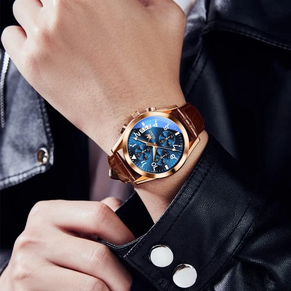 Leather Strap Analog Quartz Watch, Fashion Big Dial Date Waterproof Watch, Dress Luxury letter liberal Luminous Men Watches OLEVS Men's Watches 