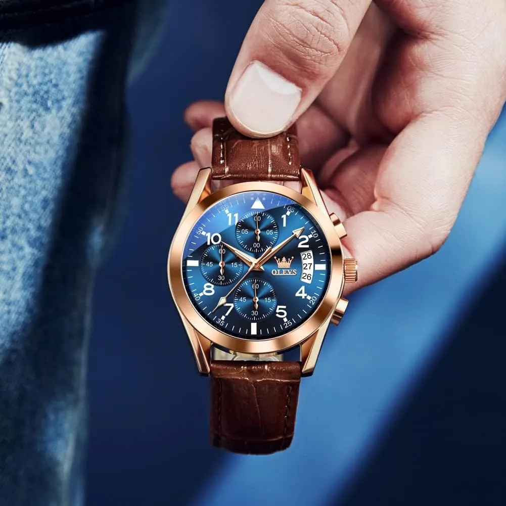 Leather Strap Analog Quartz Watch, Fashion Big Dial Date Waterproof Watch, Dress Luxury letter liberal Luminous Men Watches OLEVS Men's Watches 