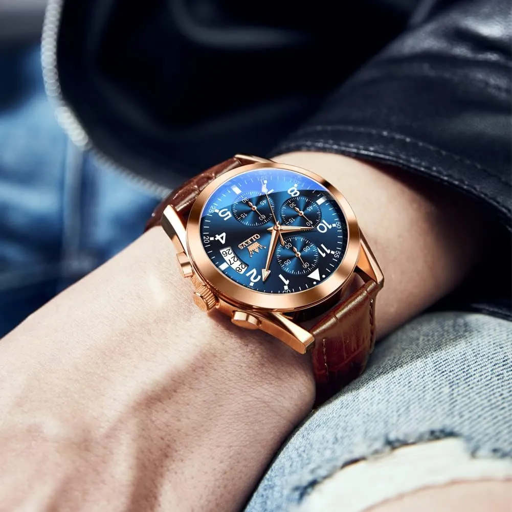 Leather Strap Analog Quartz Watch, Fashion Big Dial Date Waterproof Watch, Dress Luxury letter liberal Luminous Men Watches OLEVS Men's Watches 