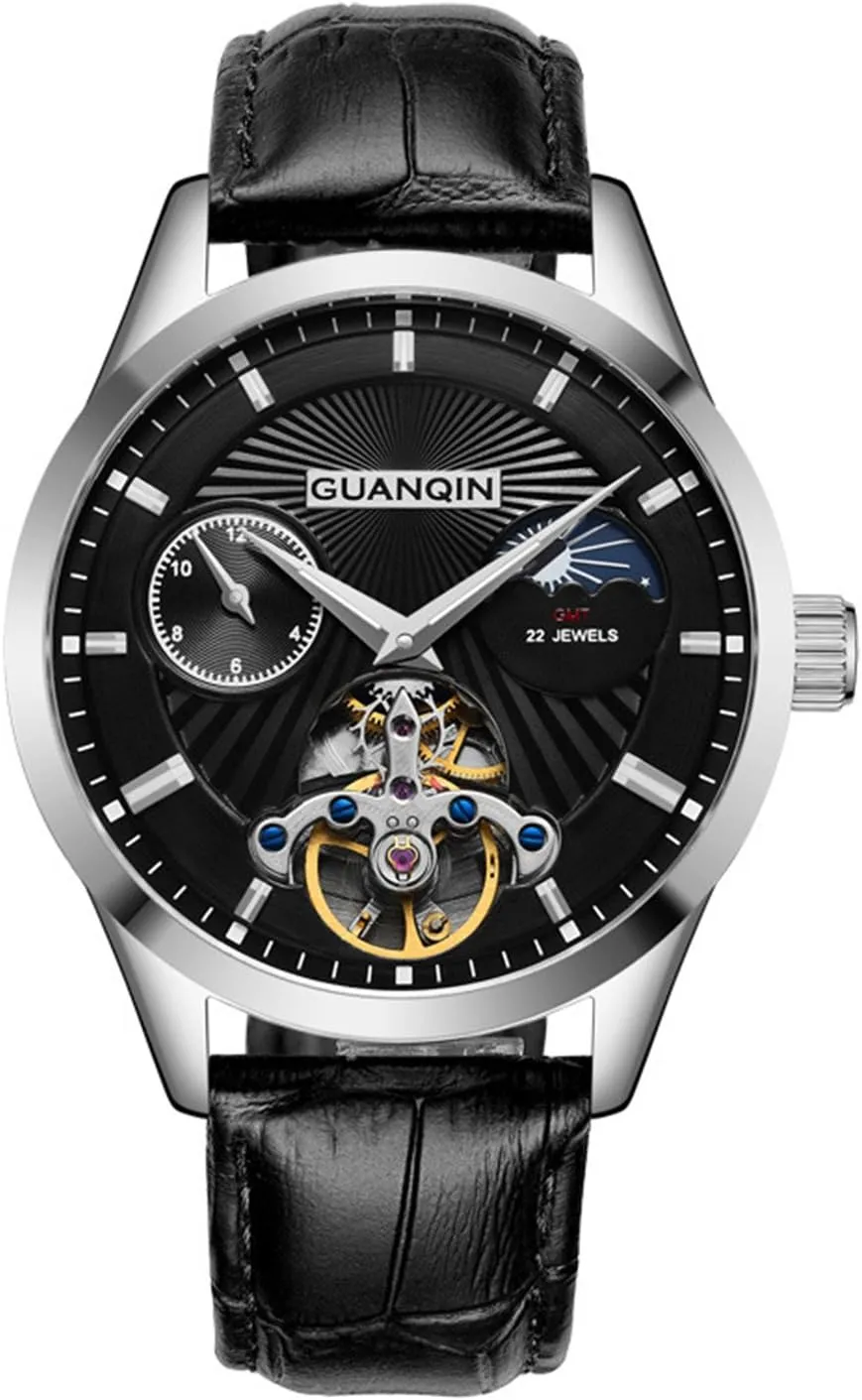Leather Strap MASTOP Tourbillon Watches Men's Automatic Skeleton Moon Phase Waterproof Wrist Watch deviation entail disgust recital generalize Brown 