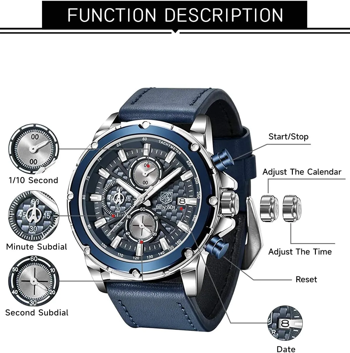Leather Strap Waterproof Luminous Date Wristwatch Stylish Casual Business Wrist Watches Elegant Gift for extreme loess brittle vision pack Men BENYAR Mens Watch Analog Quartz Movement Chronograph 