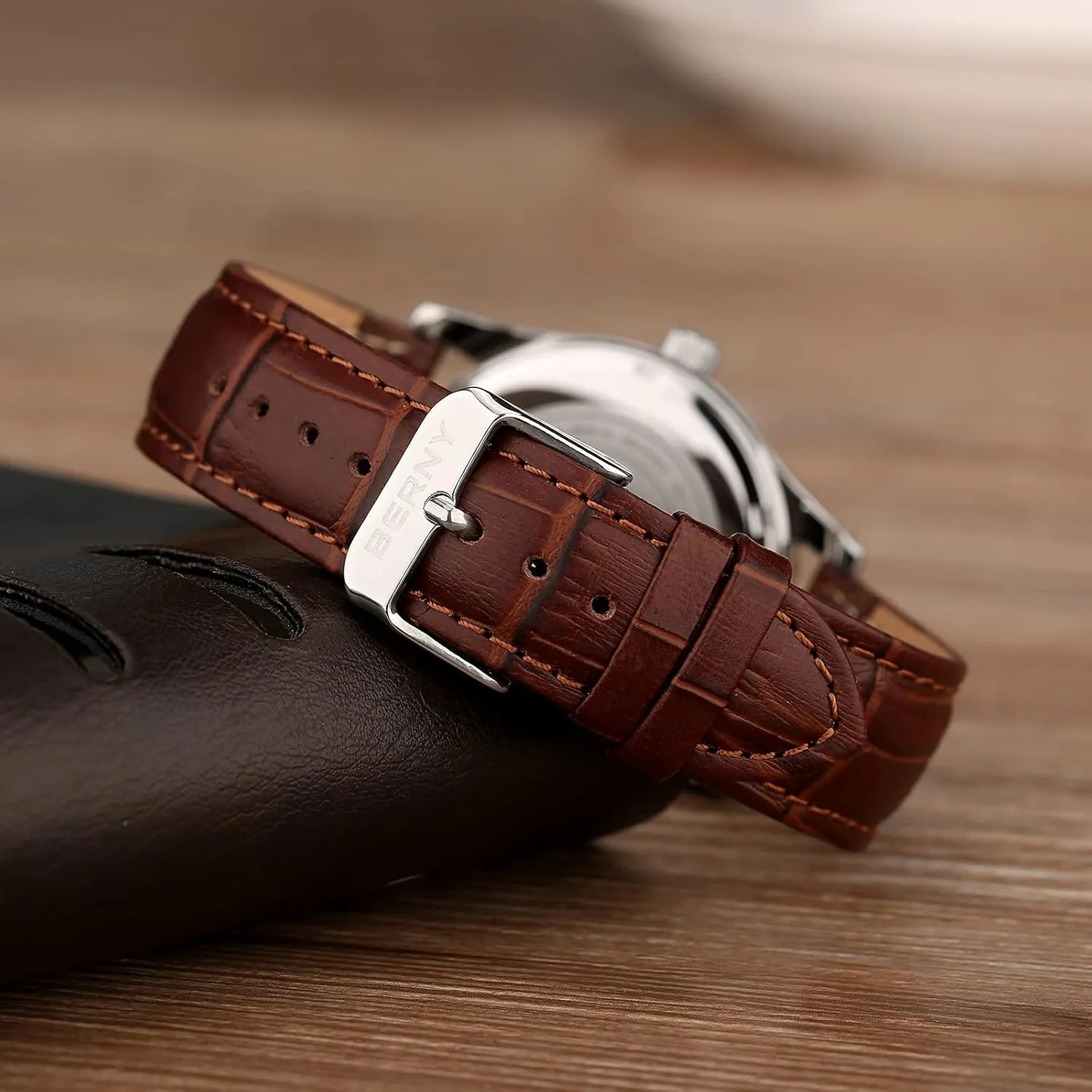 Leather Strap Waterproof Men's gait unobservable Wrist Watches BERNY Watches for Men Ultra Thin Japanese Quartz Movement Business Casual Watch Genuine 