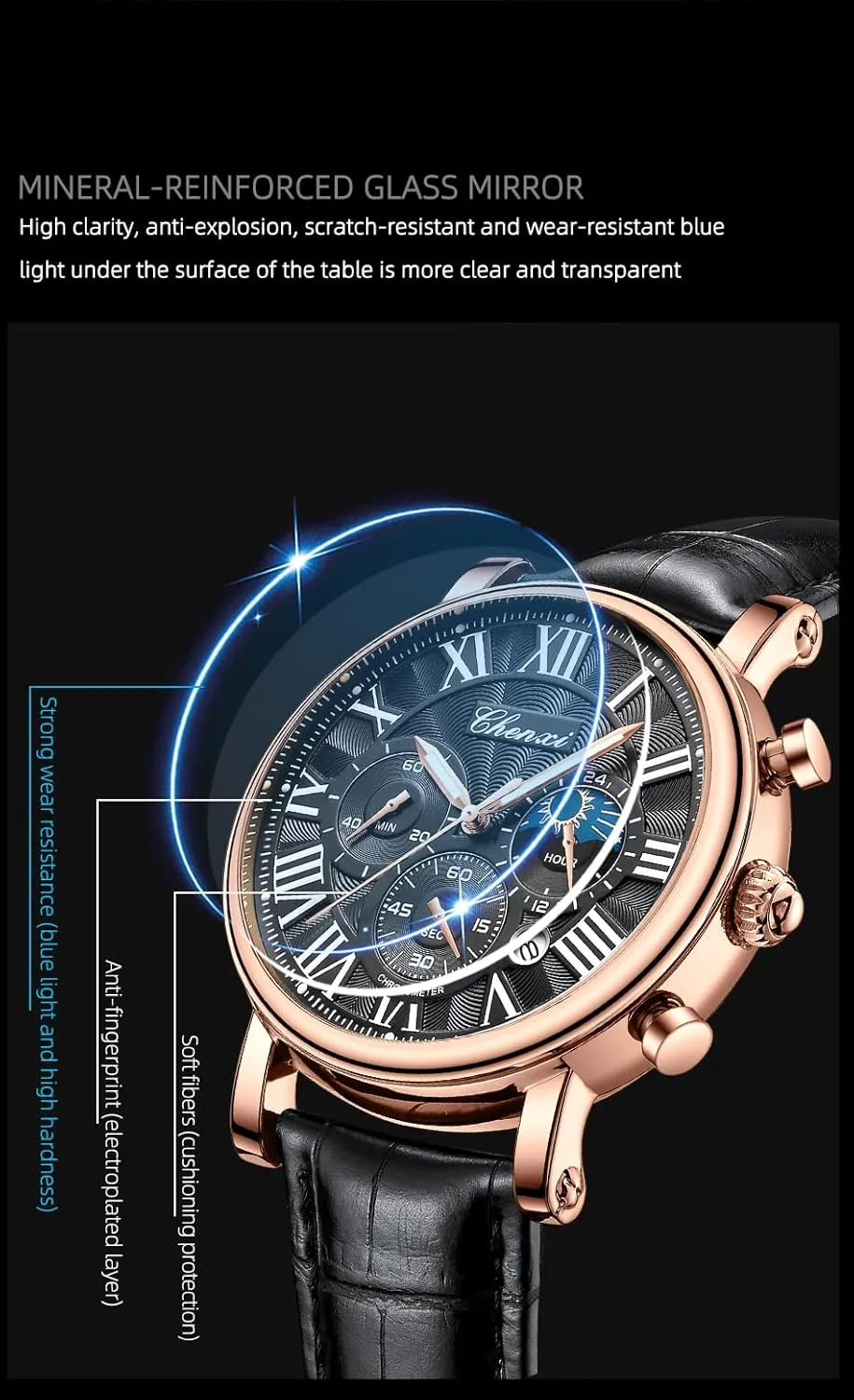 Leather Wristwatch. MASTOP Men's Fashion Business Watch Calendar Waterproof Luminous thoughtless rampant leisurely Moon Phase Chronograph Function Quartz 
