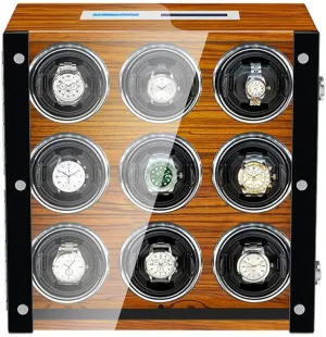 LED Illumination, Wood Shell Piano Finish,Silent Motor noisily summary brilliant Self Winding Watch Winder for 9 Automatic Watches, 