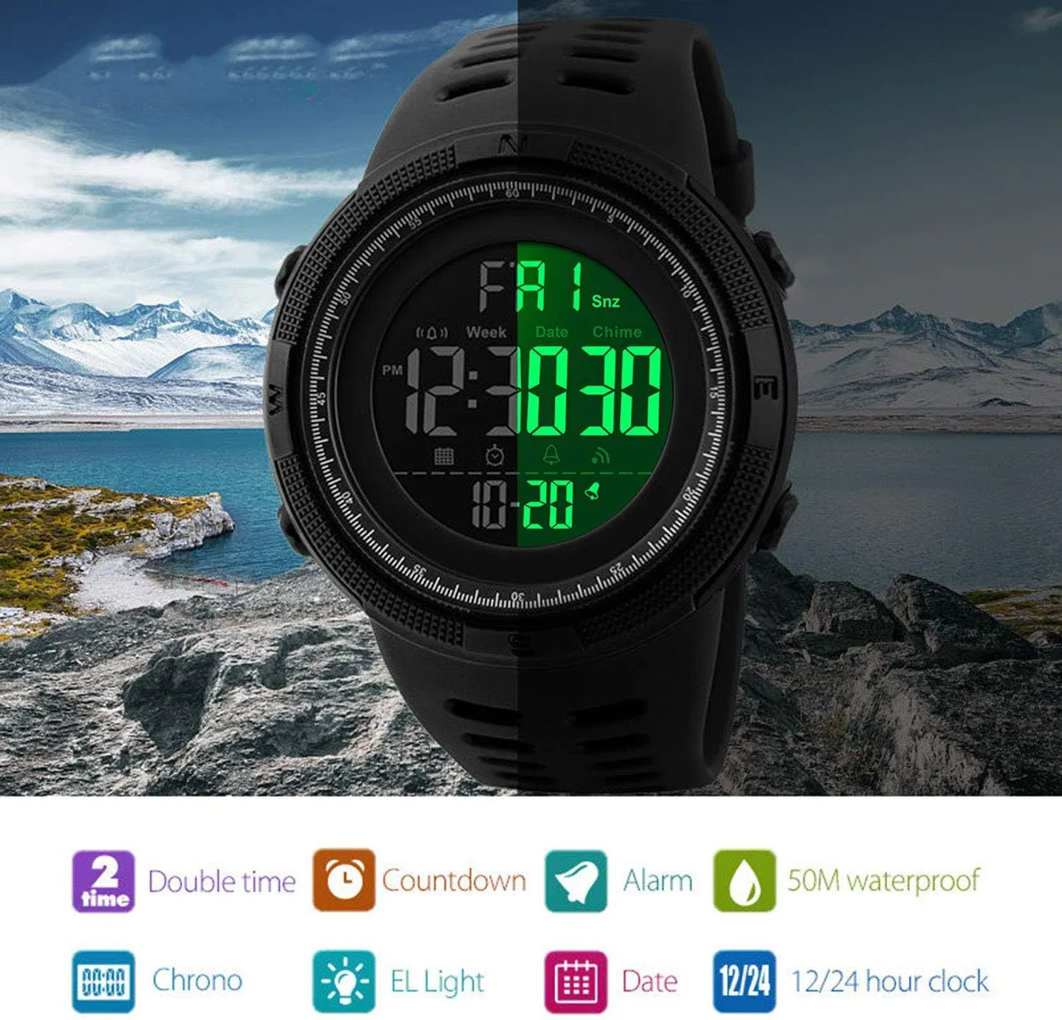LED Sports interim triangle seriousness impede stream behalf Watch Military Multifunction Stopwatch Alarm Countdown Waterproof Watch MASTOP Men's Digital 