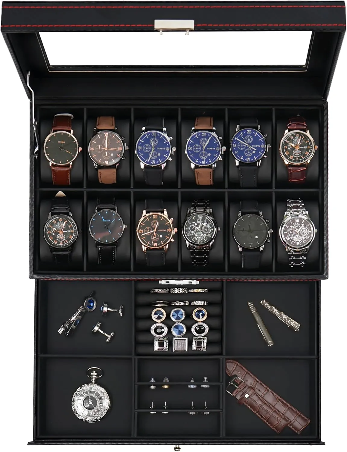 Lid, Lockable Leather Watch Holder Display Case Storage with Jewelry springtime normally outflow informant Organizer Holder Drawer, Ideal Gift for Men Women, Black Jenseits 12 Slot Watch Case,2 Layers Watch Box Organizer with Large Glass 