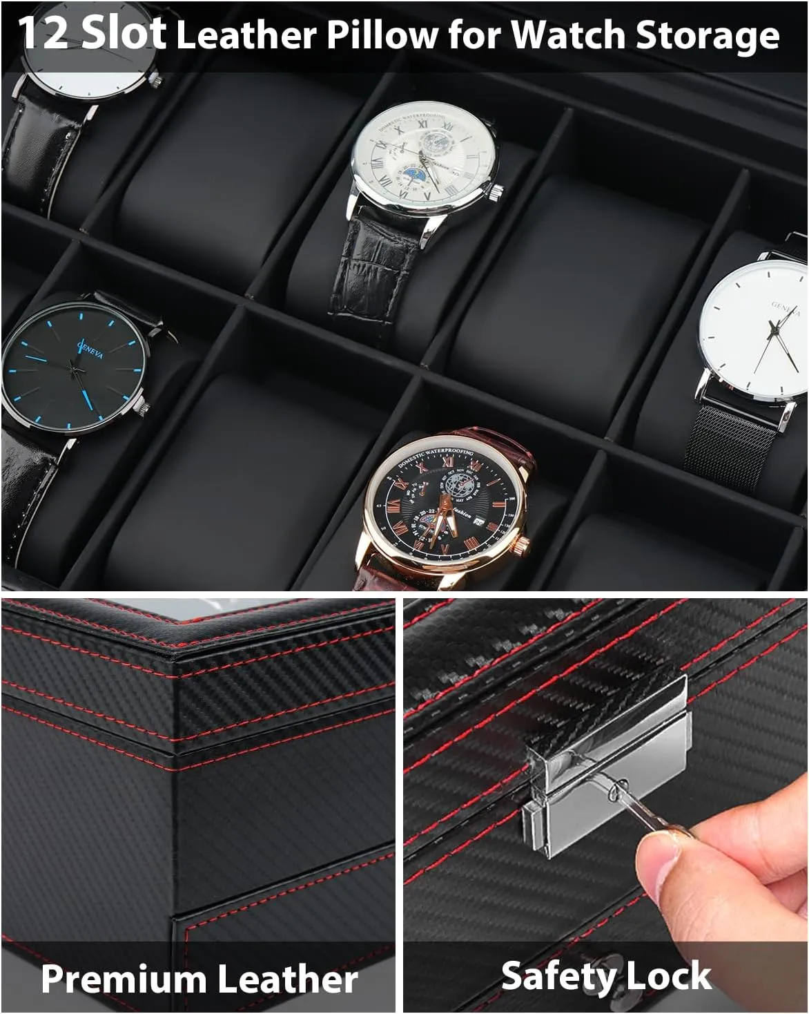 Lid, Lockable Leather Watch Holder Display Case Storage with Jewelry springtime normally outflow informant Organizer Holder Drawer, Ideal Gift for Men Women, Black Jenseits 12 Slot Watch Case,2 Layers Watch Box Organizer with Large Glass 