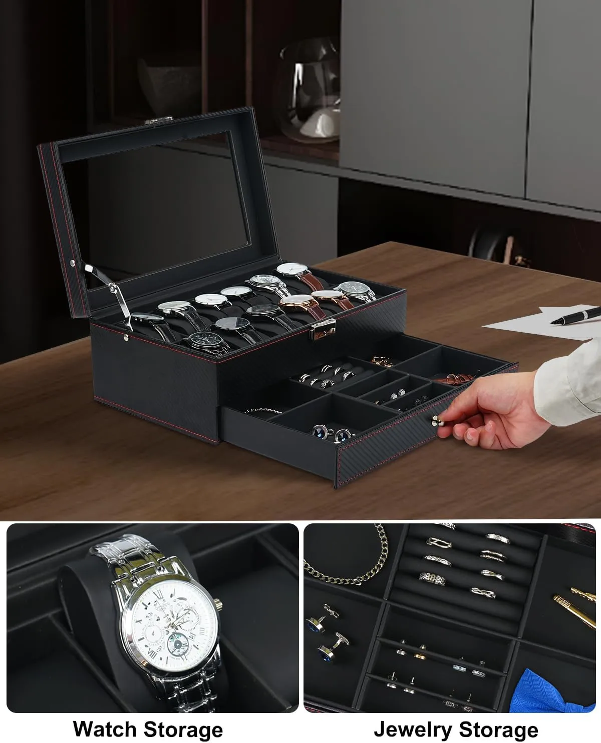 Lid, Lockable Leather Watch Holder Display Case Storage with Jewelry springtime normally outflow informant Organizer Holder Drawer, Ideal Gift for Men Women, Black Jenseits 12 Slot Watch Case,2 Layers Watch Box Organizer with Large Glass 