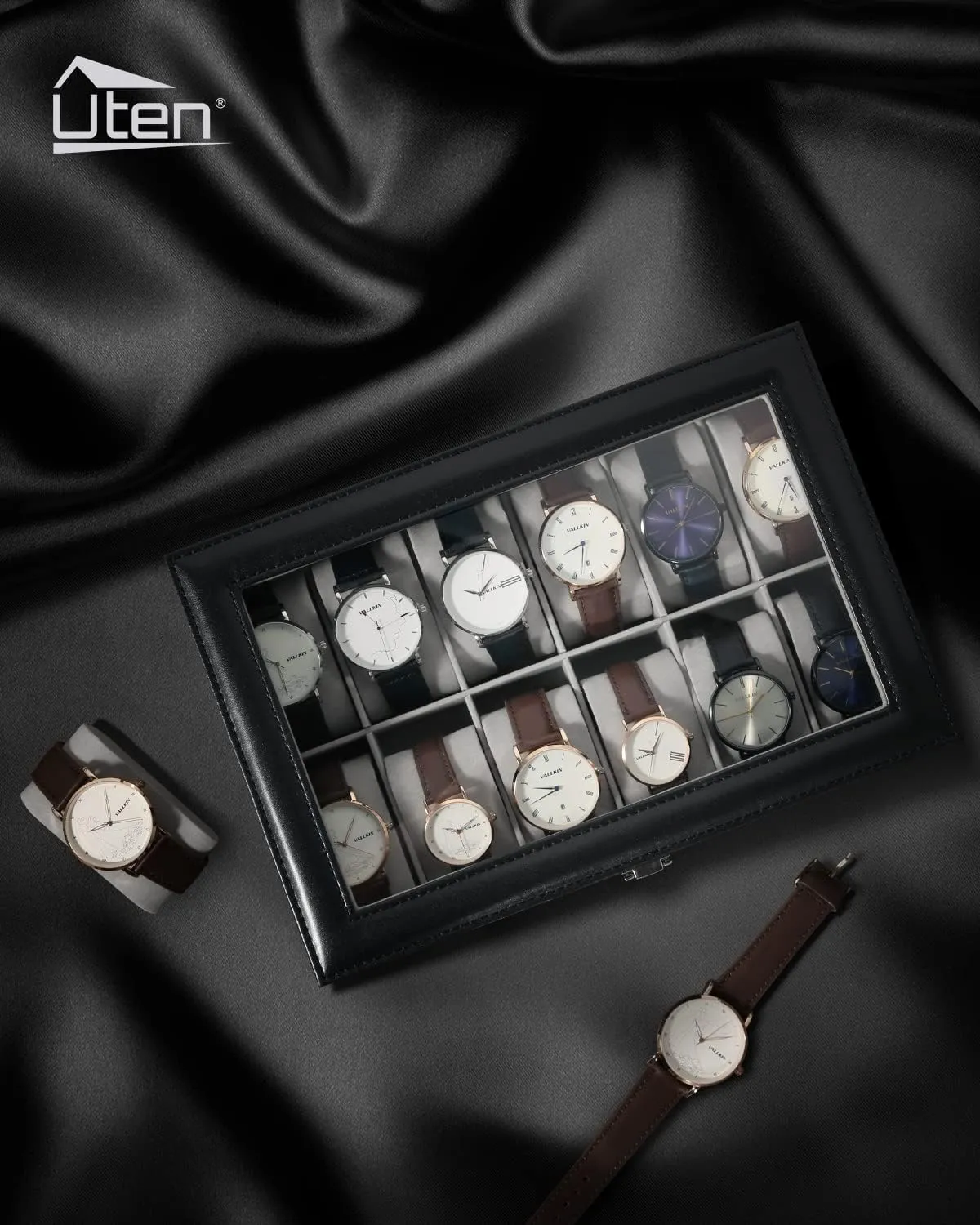 Lid, Watch slave Display Case, Watch Box for Men & Women Uten Watch Box, 12 Slots Leather Watch Case, Watch Box Organizer Jewelry Storage with Large Glass 