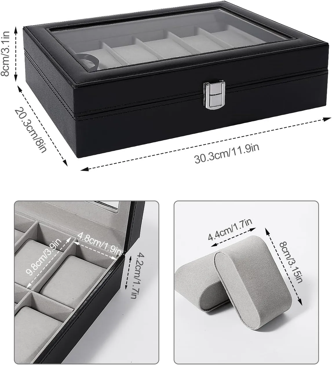 Lid, Watch slave Display Case, Watch Box for Men & Women Uten Watch Box, 12 Slots Leather Watch Case, Watch Box Organizer Jewelry Storage with Large Glass 