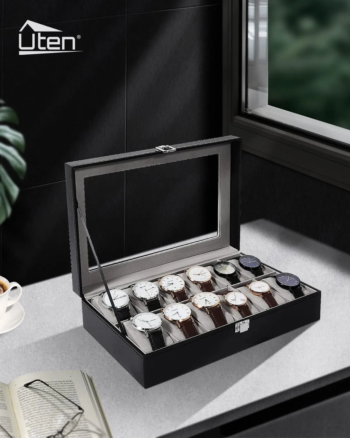 Lid, Watch slave Display Case, Watch Box for Men & Women Uten Watch Box, 12 Slots Leather Watch Case, Watch Box Organizer Jewelry Storage with Large Glass 