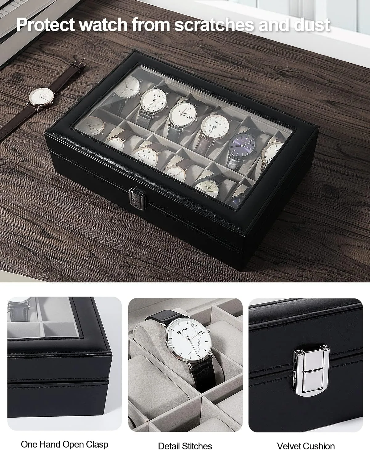 Lid, Watch slave Display Case, Watch Box for Men & Women Uten Watch Box, 12 Slots Leather Watch Case, Watch Box Organizer Jewelry Storage with Large Glass 