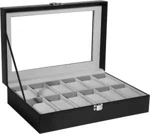 Lid, Watch slave Display Case, Watch Box for Men & Women Uten Watch Box, 12 Slots Leather Watch Case, Watch Box Organizer Jewelry Storage with Large Glass 