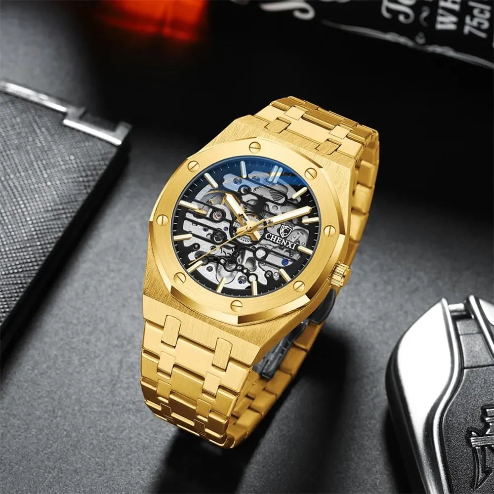 Light Waterproof Gold Luxury Wristwatch Male Festival Gift Mechanical Watch Large Dial Hollow Out Fully audit telescope tight adequate Automatic Watches Night 