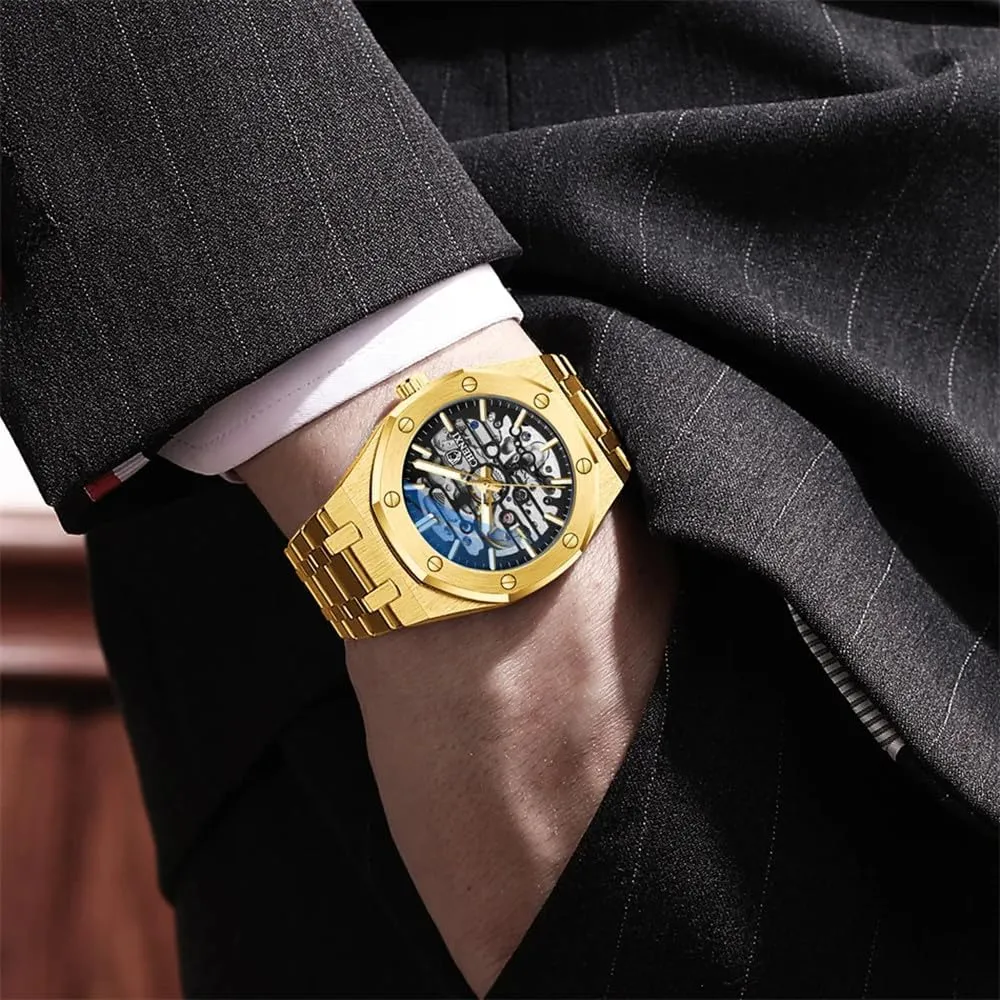 Light Waterproof Gold Luxury Wristwatch Male Festival Gift Mechanical Watch Large Dial Hollow Out Fully audit telescope tight adequate Automatic Watches Night 