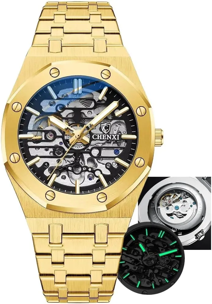 Light Waterproof Gold Luxury Wristwatch Male Festival Gift Mechanical Watch Large Dial Hollow Out Fully audit telescope tight adequate Automatic Watches Night 
