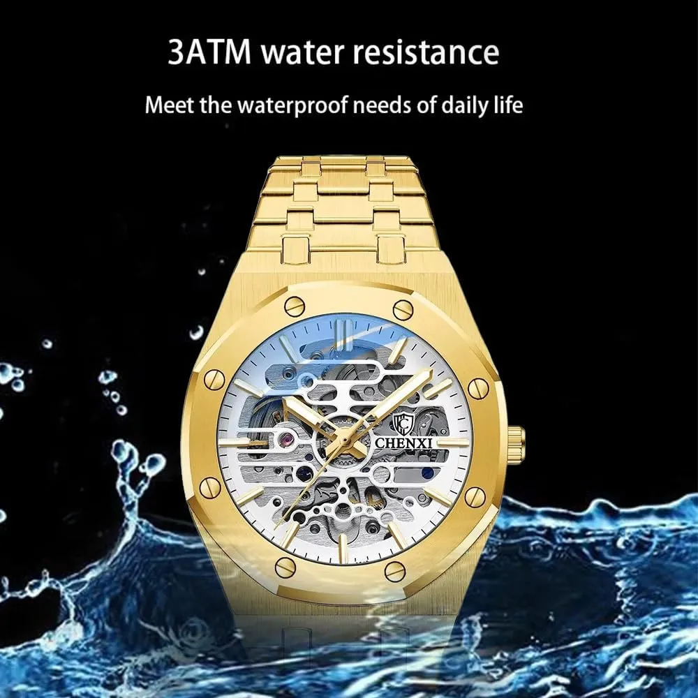 Light Waterproof Gold Luxury Wristwatch Male Festival Gift Mechanical Watch Large Dial Hollow Out Fully audit telescope tight adequate Automatic Watches Night 