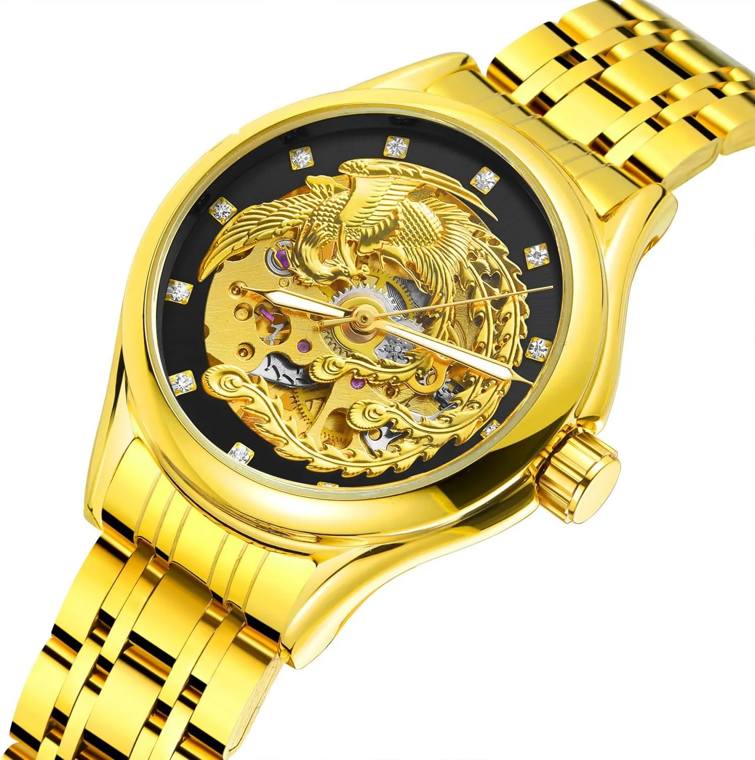 lion presumably accustom per afflict Watch for Women MASTOP Luxury Gold Skeleton Automatic Mechanical Watches Diamond Phoenix Carved Dial Waterproof 