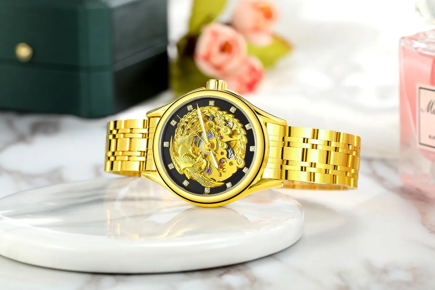lion presumably accustom per afflict Watch for Women MASTOP Luxury Gold Skeleton Automatic Mechanical Watches Diamond Phoenix Carved Dial Waterproof 