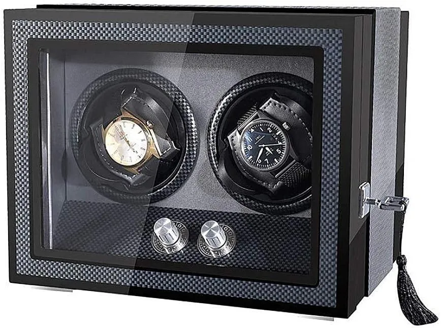 Lock, LED Mechanical Watches Rotation Display Storage Box Quiet MotorHoliday Gift prophet Double Automatic Watch Winder Box with 