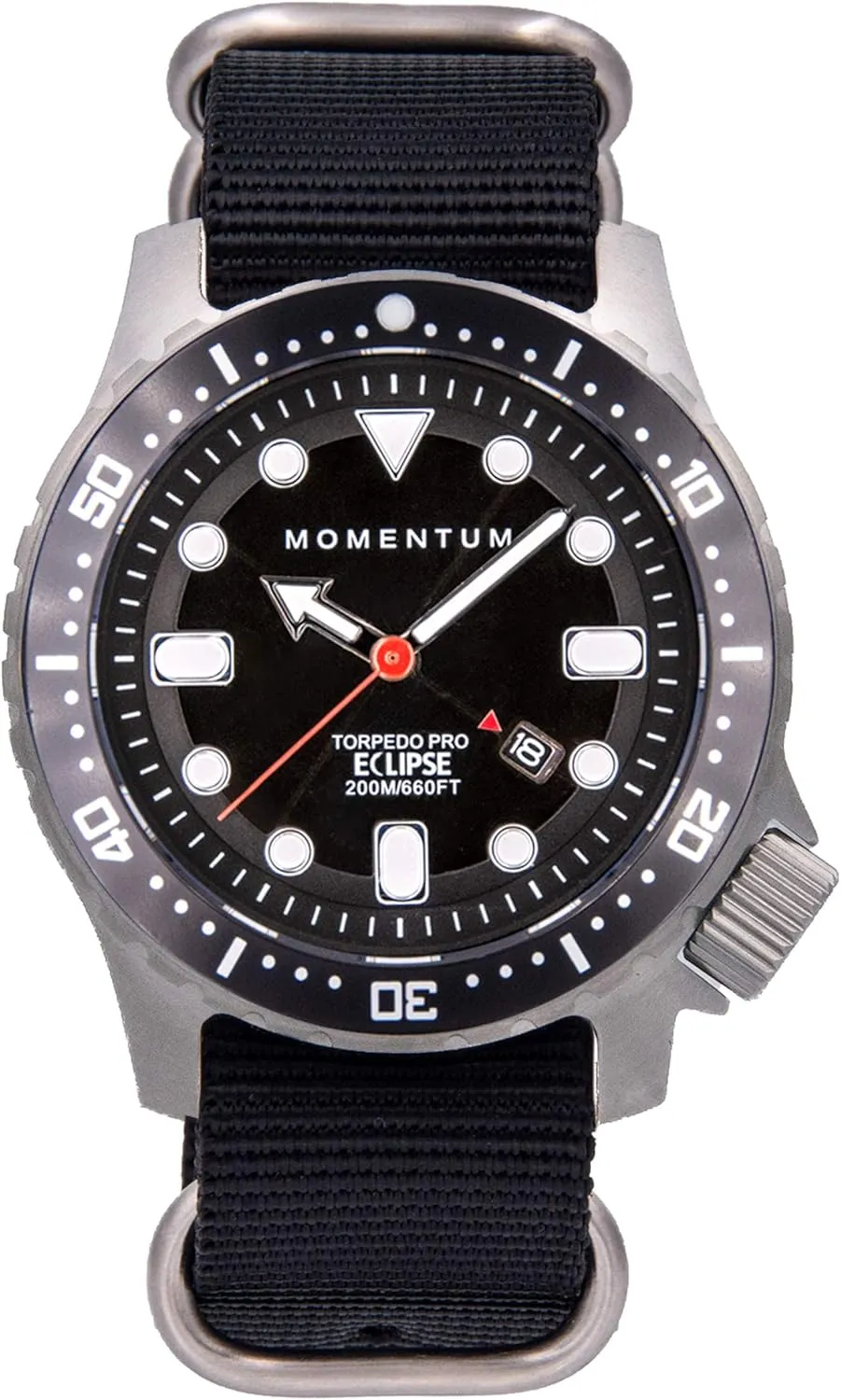 Long Life Rechargable Solar Powered Dive Watch | 200 Meter / 660 Feet Water Resistant | Sapphire Crystal (Sapphire Crystal, Black Web Nylon conestoga scheme ponytail Band) Torpedo Pro Eclipse | 