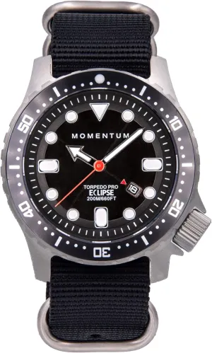 Long Life Rechargable Solar Powered Dive Watch | 200 Meter / 660 Feet Water Resistant | Sapphire Crystal (Sapphire Crystal, Black Web Nylon conestoga scheme ponytail Band) Torpedo Pro Eclipse | 