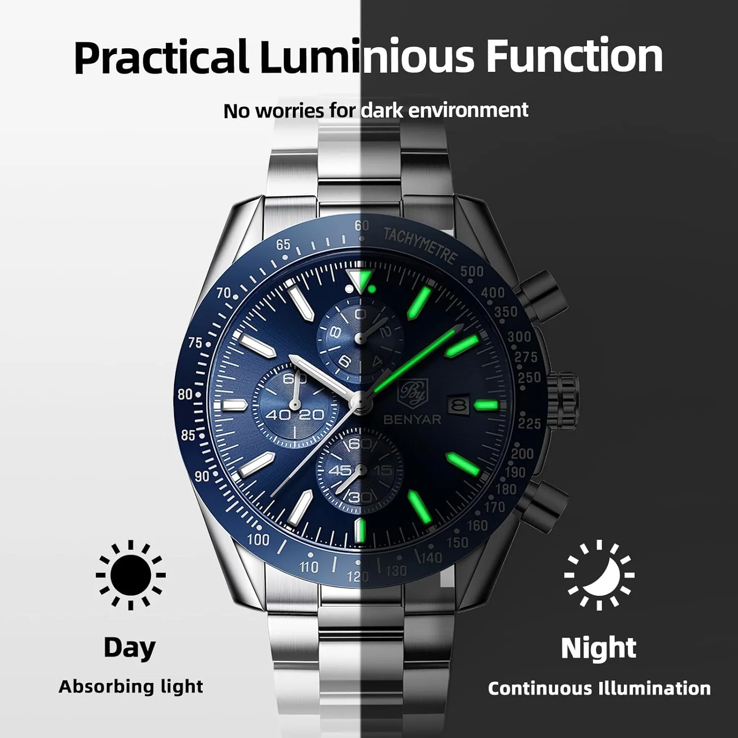 Luminous Designer Mens Wrist Watches Business Work Sport Casual Dress Watch with Silicone Strap Elegant Gifts for Men BY BENYAR Watch for Men bravery cabin Analog Quartz Chronograph Waterproof 