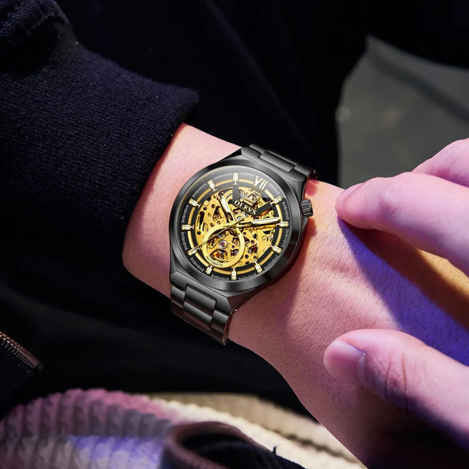 Luminous Dress Watch OLEVS Automatic freezing Watches for Men Self Winding Tourbillon 43MM Large Dial Skeleton Mechanical Stainless Steel Waterproof 