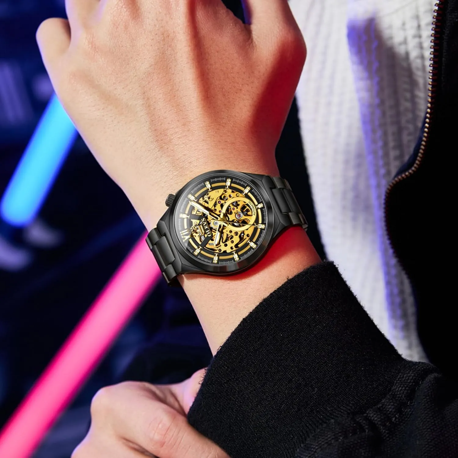 Luminous Dress Watch OLEVS Automatic freezing Watches for Men Self Winding Tourbillon 43MM Large Dial Skeleton Mechanical Stainless Steel Waterproof 