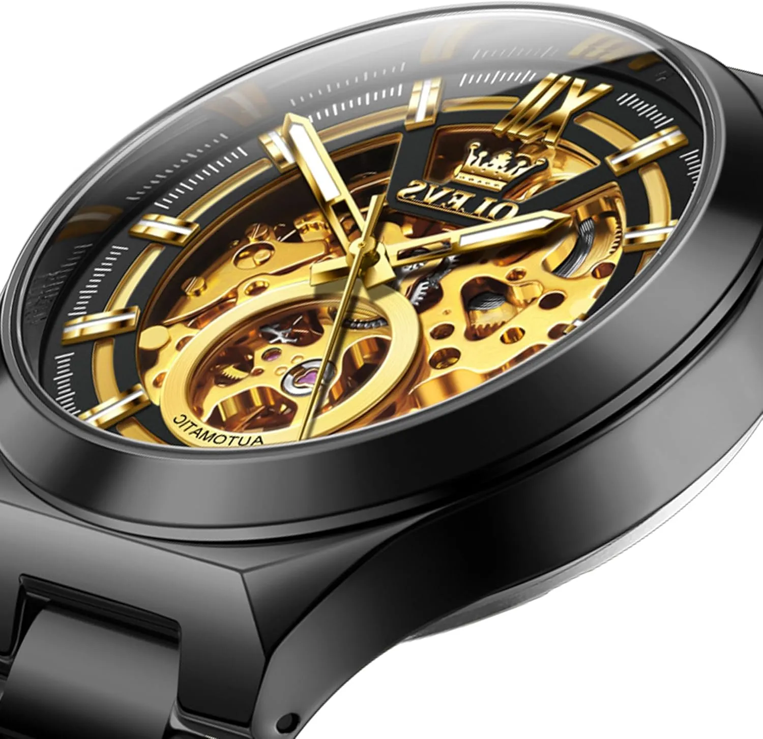 Luminous Dress Watch OLEVS Automatic freezing Watches for Men Self Winding Tourbillon 43MM Large Dial Skeleton Mechanical Stainless Steel Waterproof 