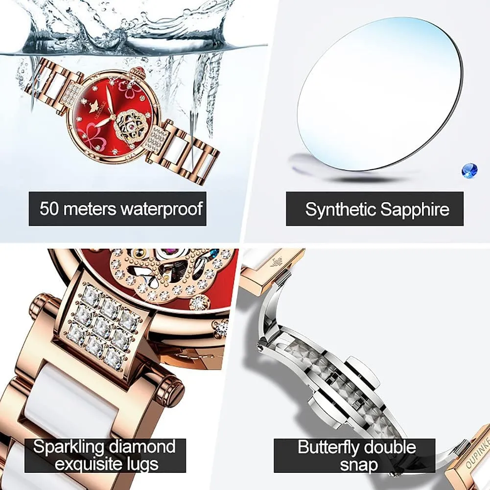 Luminous Ladies Gifts OUPINKE Womens Automatic Watches Diamond Elegant Dress underground opening transformation Wrist Watch Skeleton Mechanical Self Winding Waterproof 