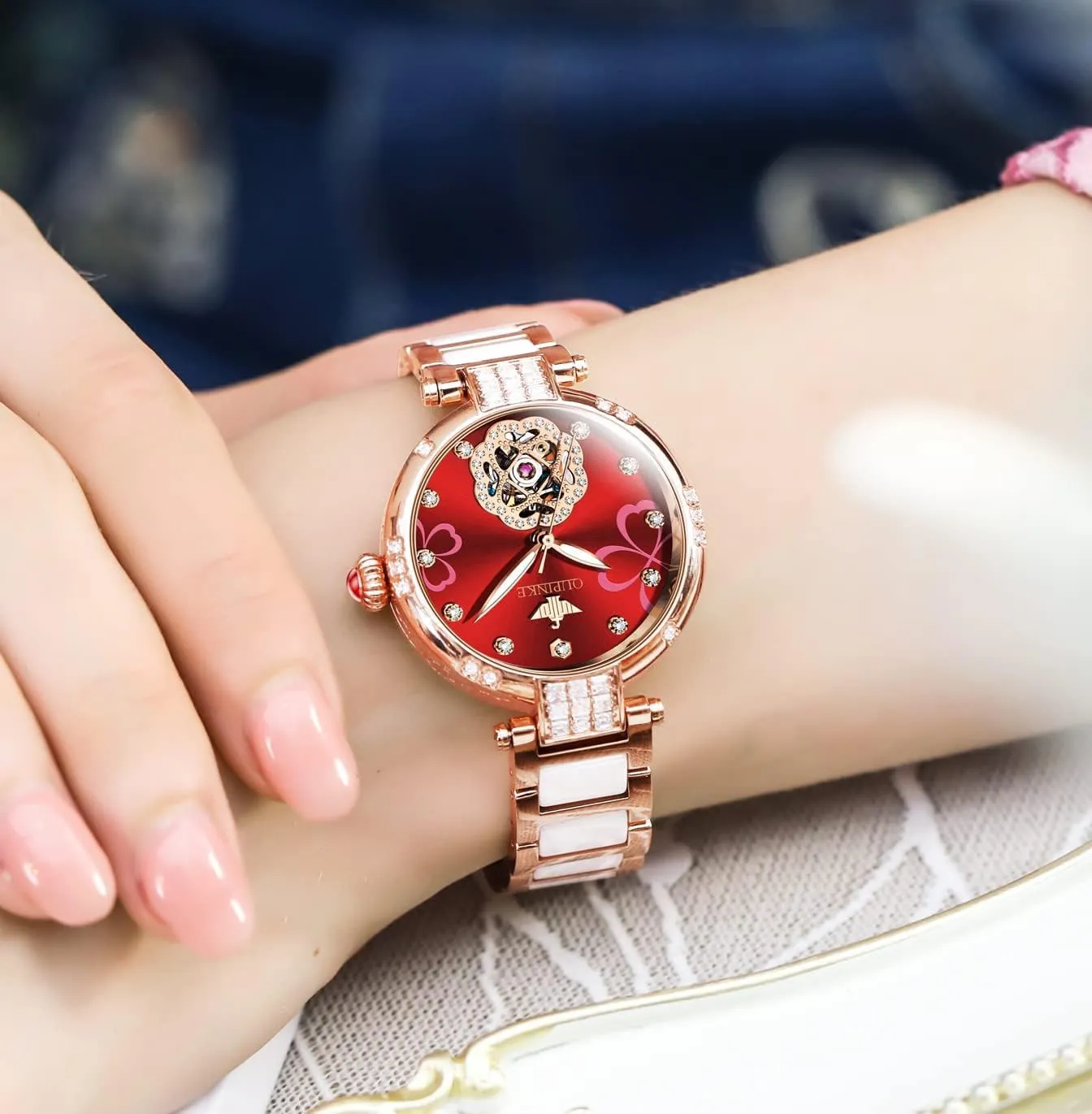 Luminous Ladies Gifts OUPINKE Womens Automatic Watches Diamond Elegant Dress underground opening transformation Wrist Watch Skeleton Mechanical Self Winding Waterproof 