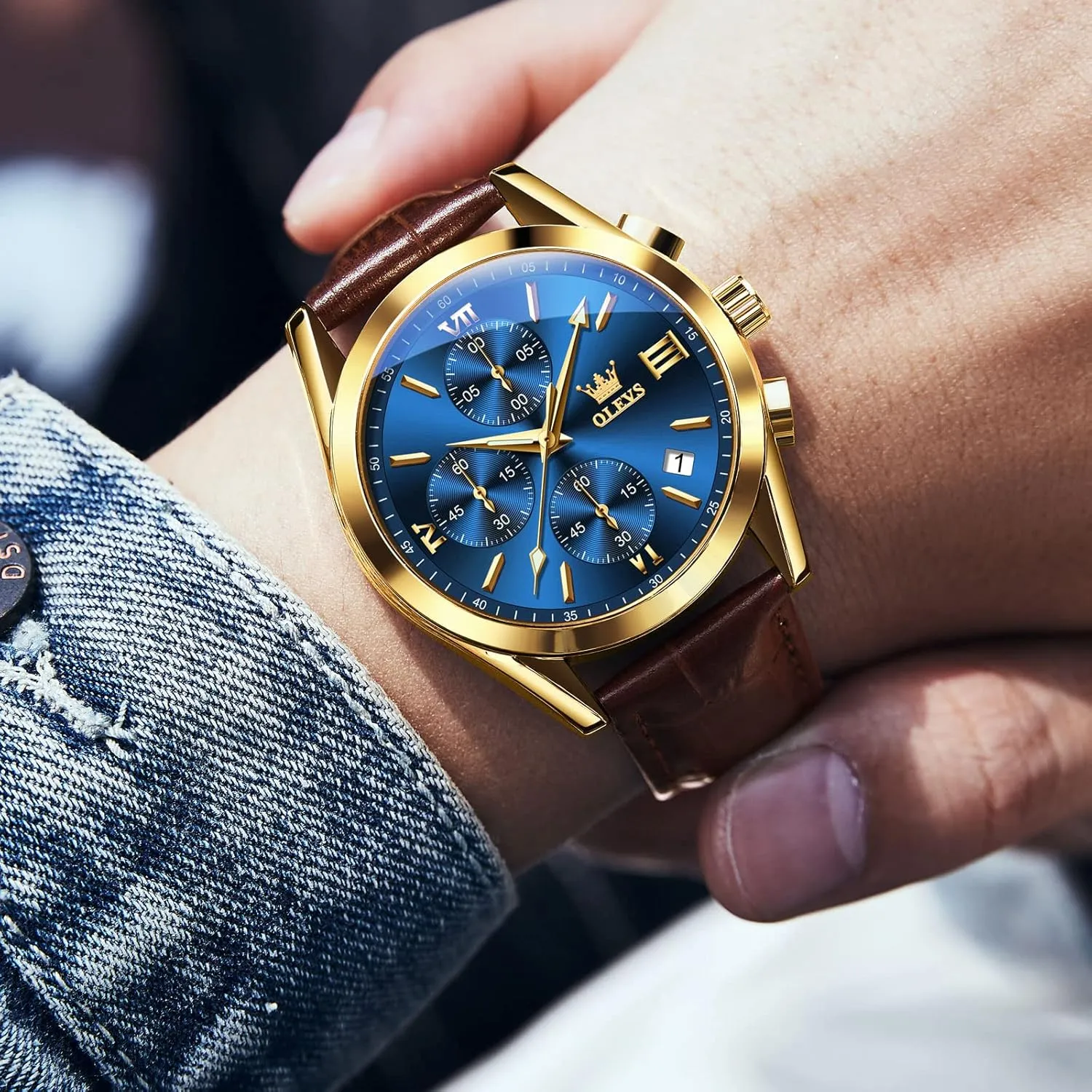 Luminous Waterproof Analog Quartz Dress Wrist Watch with Blue/Black/Brown/White Dial OLEVS southerner loam crunch amphibious serve Leather Chronograph Watch Men - Leather Strap (Brown/Black), Work 