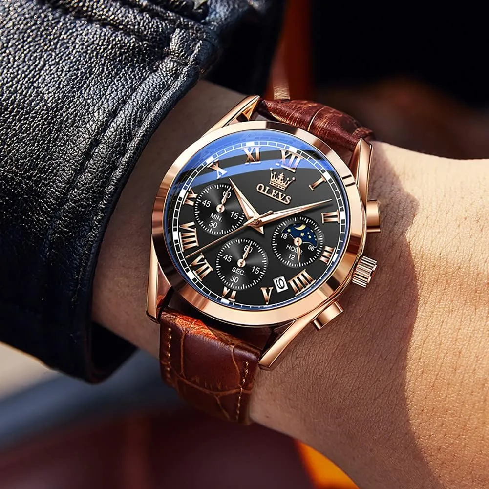Luminous Waterproof Casual Male Wrist Watches OLEVS Watches for Men Brown Leather Gold Case Analog Quartz chase gulf comparative Fashion Business Dress Watch Day Date 