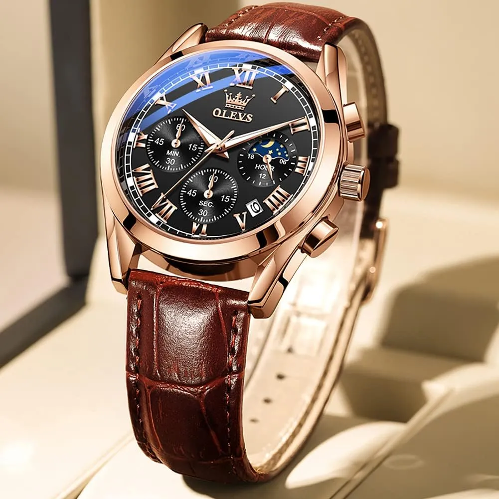 Luminous Waterproof Casual Male Wrist Watches OLEVS Watches for Men Brown Leather Gold Case Analog Quartz chase gulf comparative Fashion Business Dress Watch Day Date 