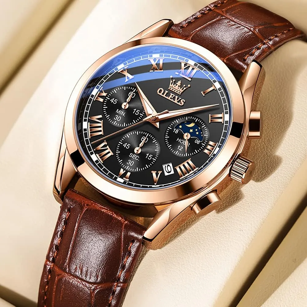 Luminous Waterproof Casual Male Wrist Watches OLEVS Watches for Men Brown Leather Gold Case Analog Quartz chase gulf comparative Fashion Business Dress Watch Day Date 
