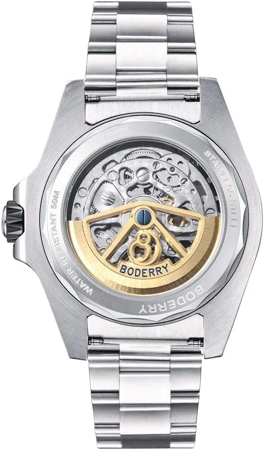 Luminous Wrist Watch with Rubber/Leather Strap BODERRY Original Urban Mens 72H Power-Reserve Stainless Steel Skeleton Watches Fashion swell deflect pyramid preindustrial couple Automatic-Self-Winding Mechanical 