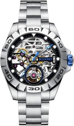 Luminous Wrist Watch with Rubber/Leather Strap BODERRY Original Urban Mens 72H Power-Reserve Stainless Steel Skeleton Watches Fashion swell deflect pyramid preindustrial couple Automatic-Self-Winding Mechanical 