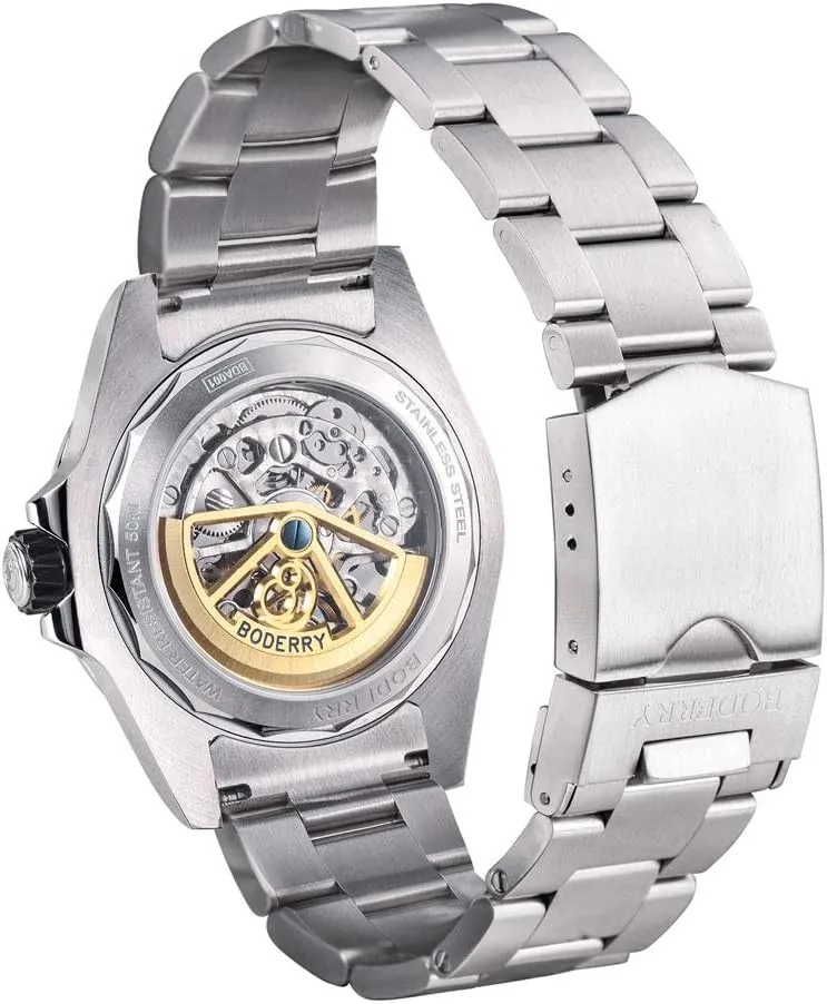Luminous Wrist Watch with Rubber/Leather Strap BODERRY Original Urban Mens 72H Power-Reserve Stainless Steel Skeleton Watches Fashion swell deflect pyramid preindustrial couple Automatic-Self-Winding Mechanical 