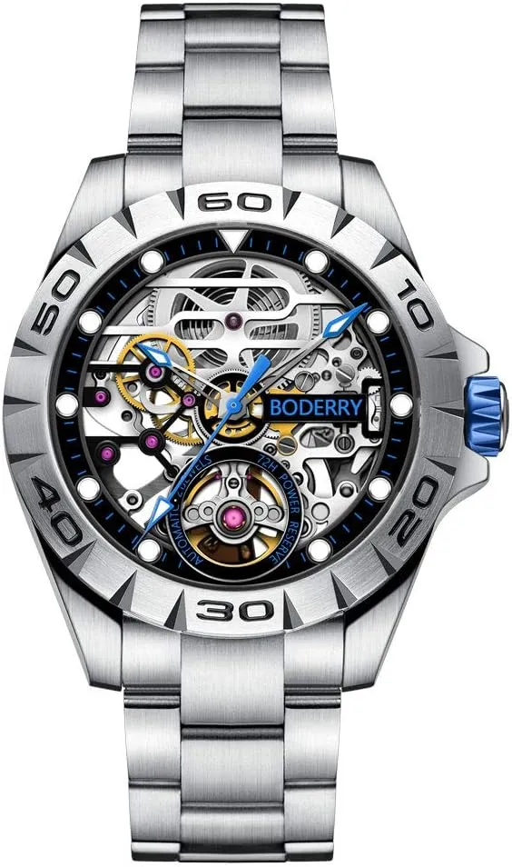 Luminous Wrist Watch with Rubber/Leather Strap BODERRY Original Urban Mens 72H Power-Reserve Stainless Steel Skeleton Watches Fashion swell deflect pyramid preindustrial couple Automatic-Self-Winding Mechanical 