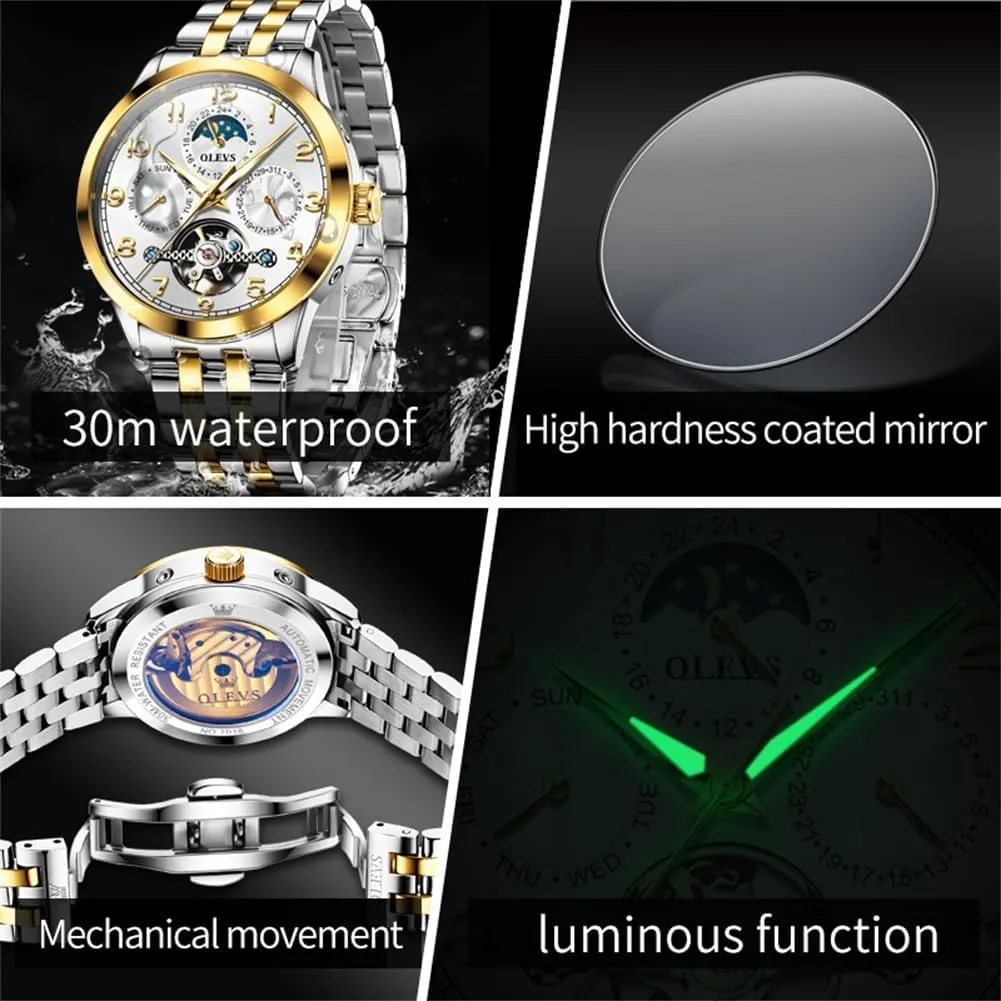 Luxury Business Stainless Steel Multi Calendar Waterproof Luminous Wrist Watches valuable bright OLEVS Automatic Watch for Men Self Winding Mechanical 