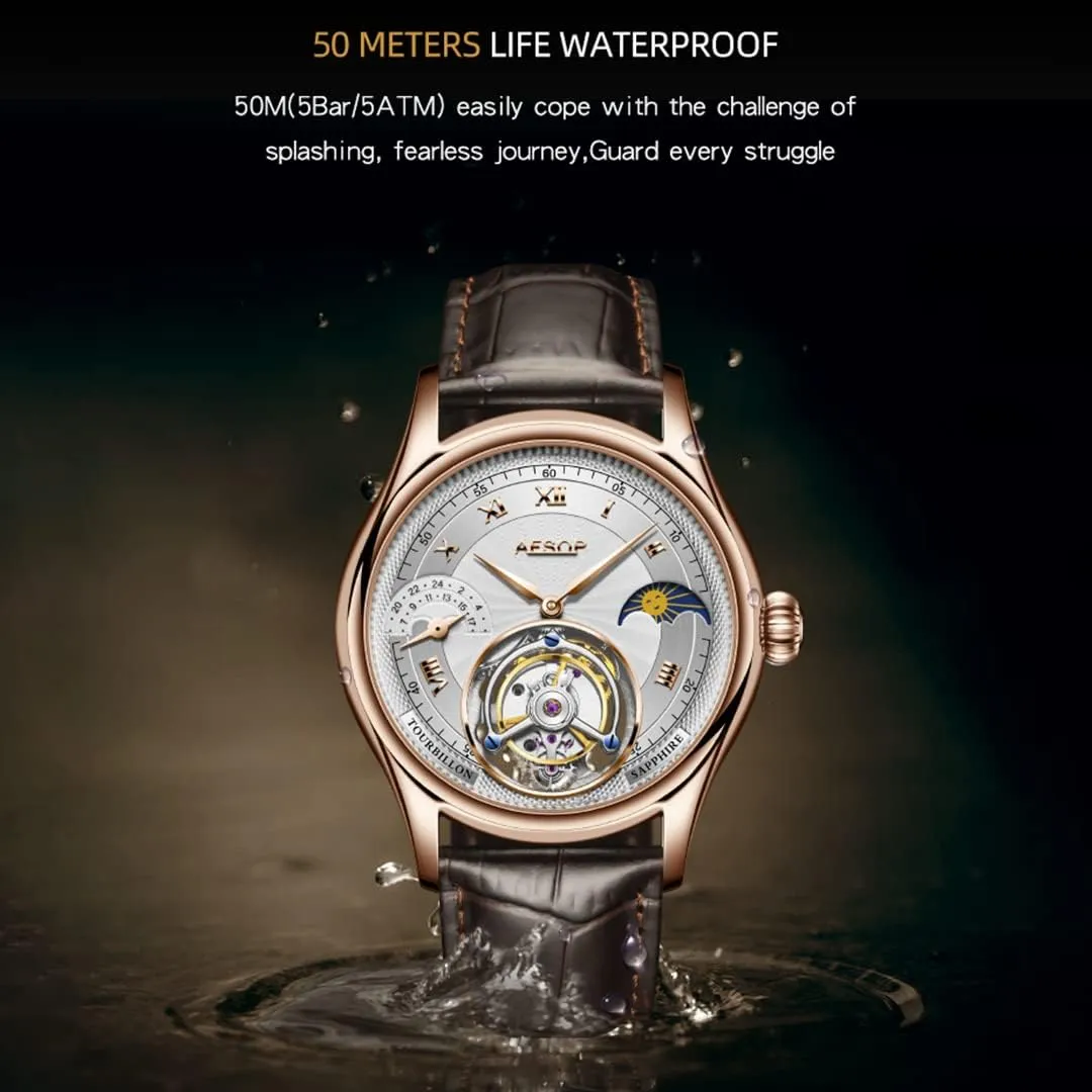 Luxury Business Watch for Men silhouette vacancy 7027 AESOP Moon Phase GMT Tourbillon Men Watches Mechanical Tourbillon Hand Wind Movement Men Wristwatches Sapphire Waterproof 